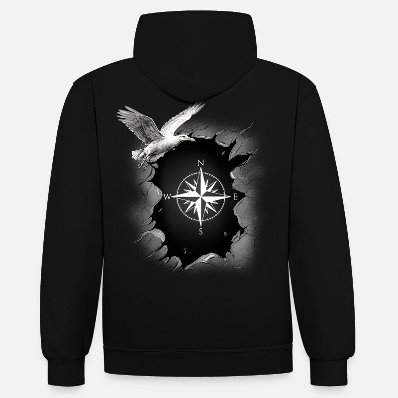 maritim Möwe Kompass Möwen Windrose - Kontrast-Hoodie - Schwarz/Rot