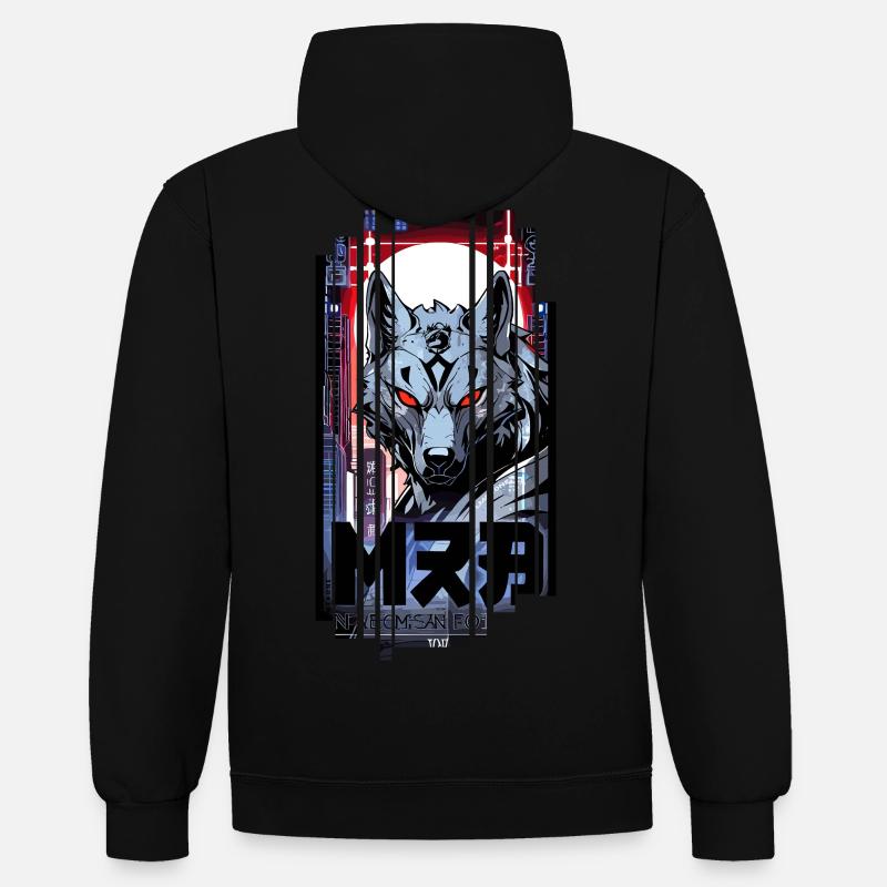 Loup argent cyborg Géométrique - Sweat à capuche contrasté - noir/rouge