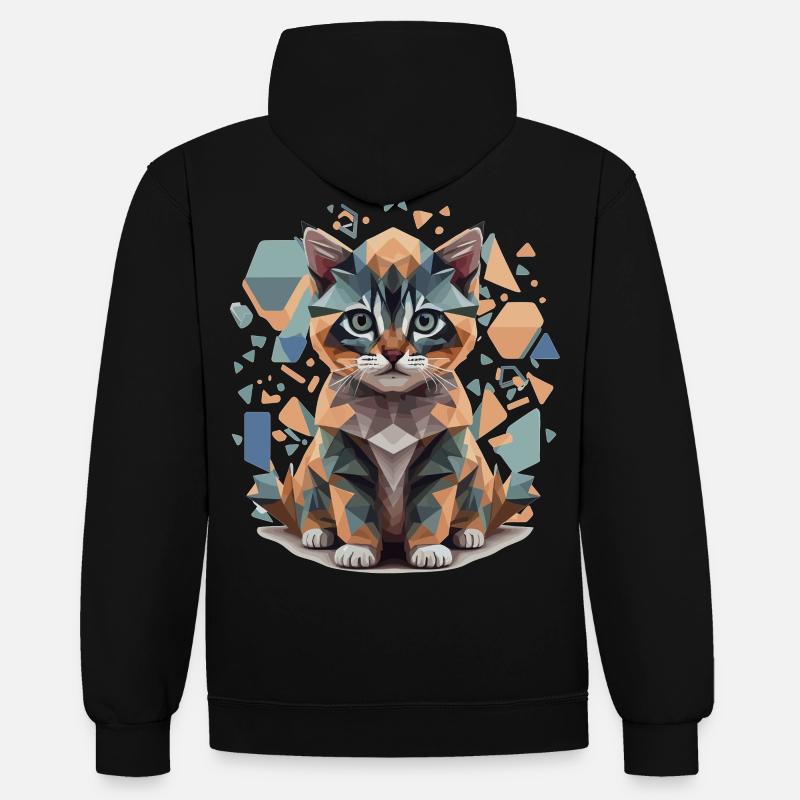 Polygon Katze Low-Poly - Kontrast-Hoodie - Schwarz/Rot