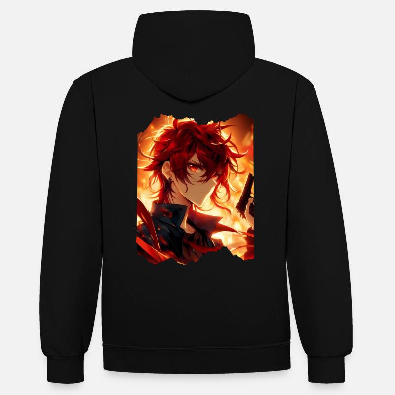 Portrait animé feu n°1 - Sweat à capuche contrasté - noir/rouge