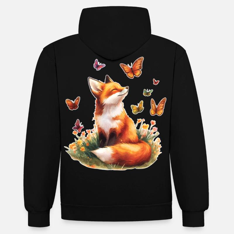 Renard avec des papillons - Sweat à capuche contrasté - noir/rouge
