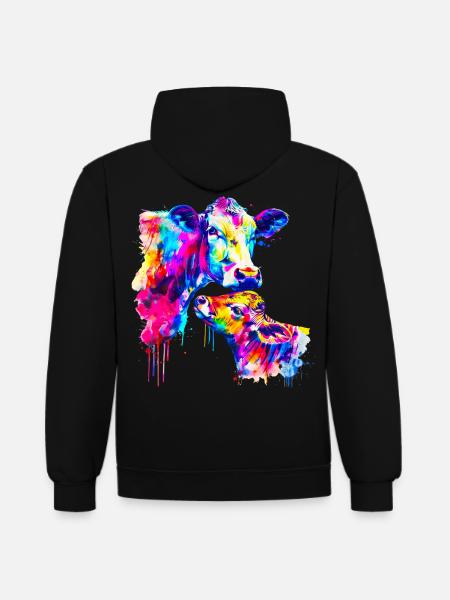 Kuh mit Kalb - Kontrast-Hoodie - Schwarz/Rot