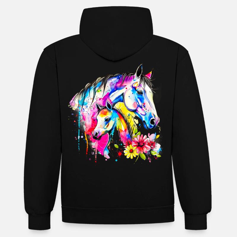Cheval avec son poulain - Sweat à capuche contrasté - noir/rouge