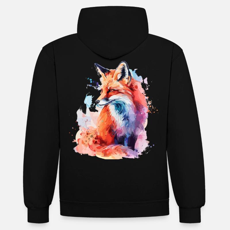 Renard aquarelle, Fox - Sweat à capuche contrasté - noir/rouge