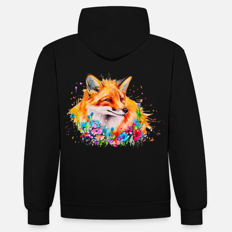 Renard aquarelle, Fox - Sweat à capuche contrasté - noir/rouge