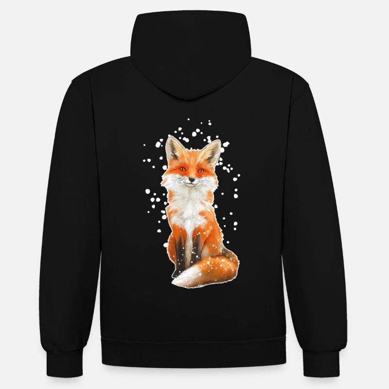 Fuchs mit Schneeflocken - Kontrast-Hoodie - Schwarz/Rot