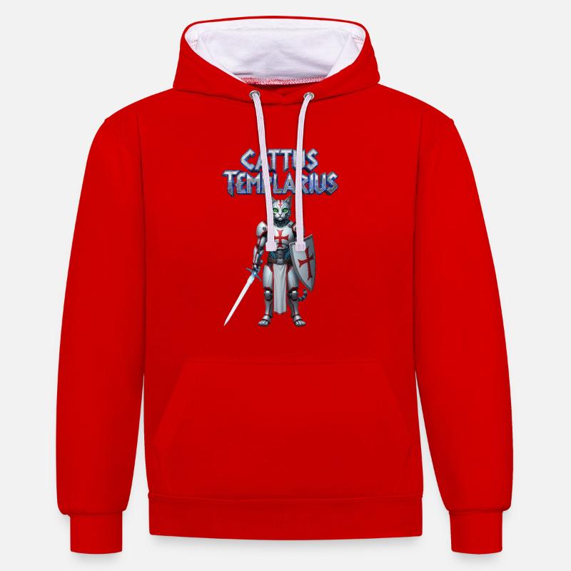 Cattus Templarius Chat Chevalier - Sweat à capuche contrasté - rouge/blanc