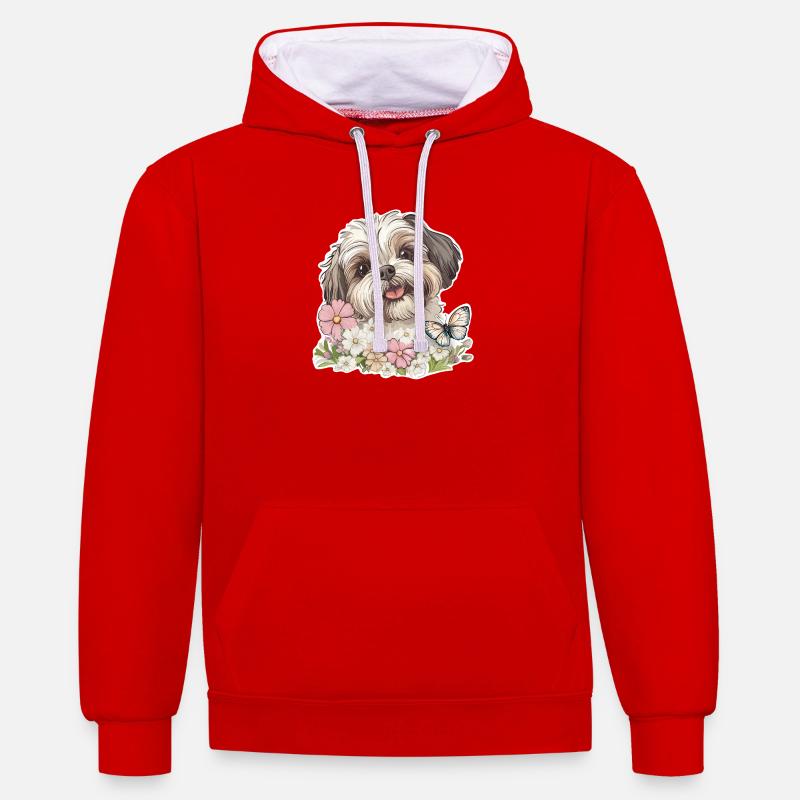Shih Tzu et papillon - Sweat à capuche contrasté - rouge/blanc