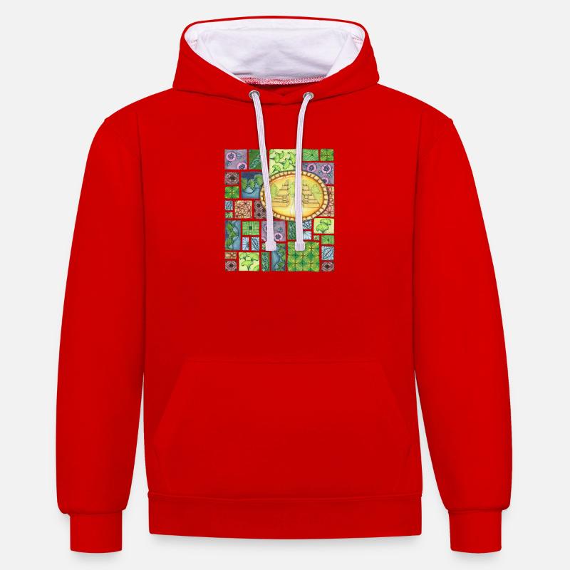 Bali temple on pattern patchwork - Kontrast-Hoodie - Rot/Weiß