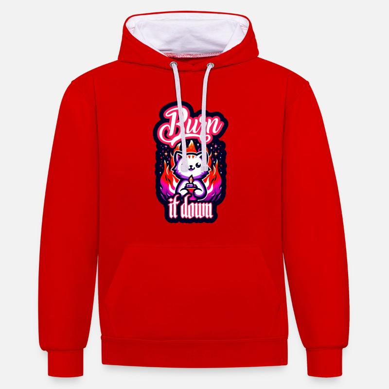 Brûlez-le | Chat avec du feu - Sweat à capuche contrasté - rouge/blanc
