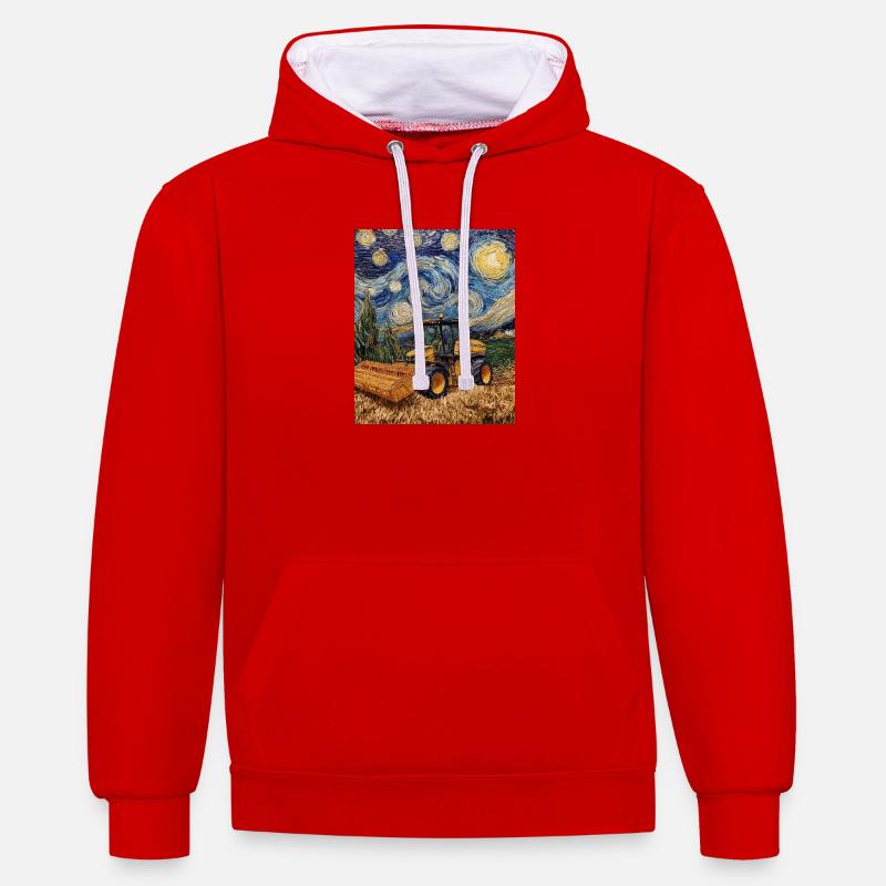 moissonneuse-batteuse fermier style van gogh étoilé - Sweat à capuche contrasté - rouge/blanc