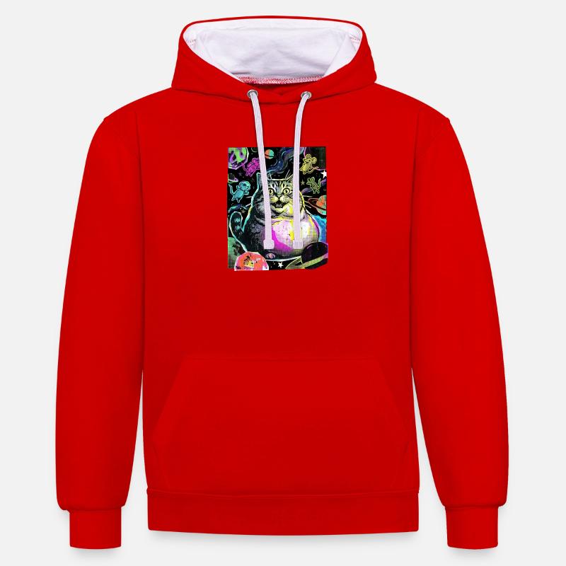 Chat de l’Espace Épais - Sweat à capuche contrasté - rouge/blanc