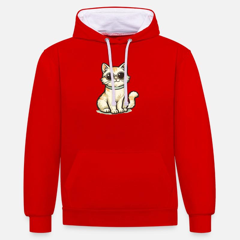 Chat cool - Sweat à capuche contrasté - rouge/blanc