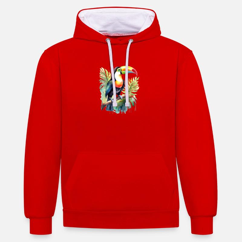 Aquarelle de Toucan - Sweat à capuche contrasté - rouge/blanc