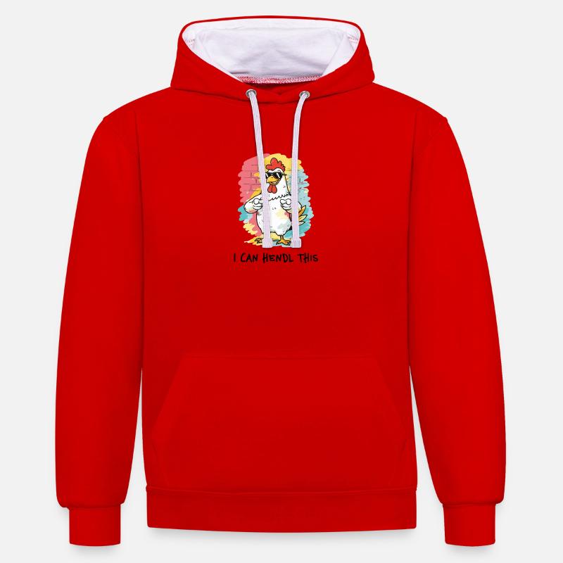 Je peux hendl ceci – Jeu de mots dialectal poulet coq - Sweat à capuche contrasté - rouge/blanc