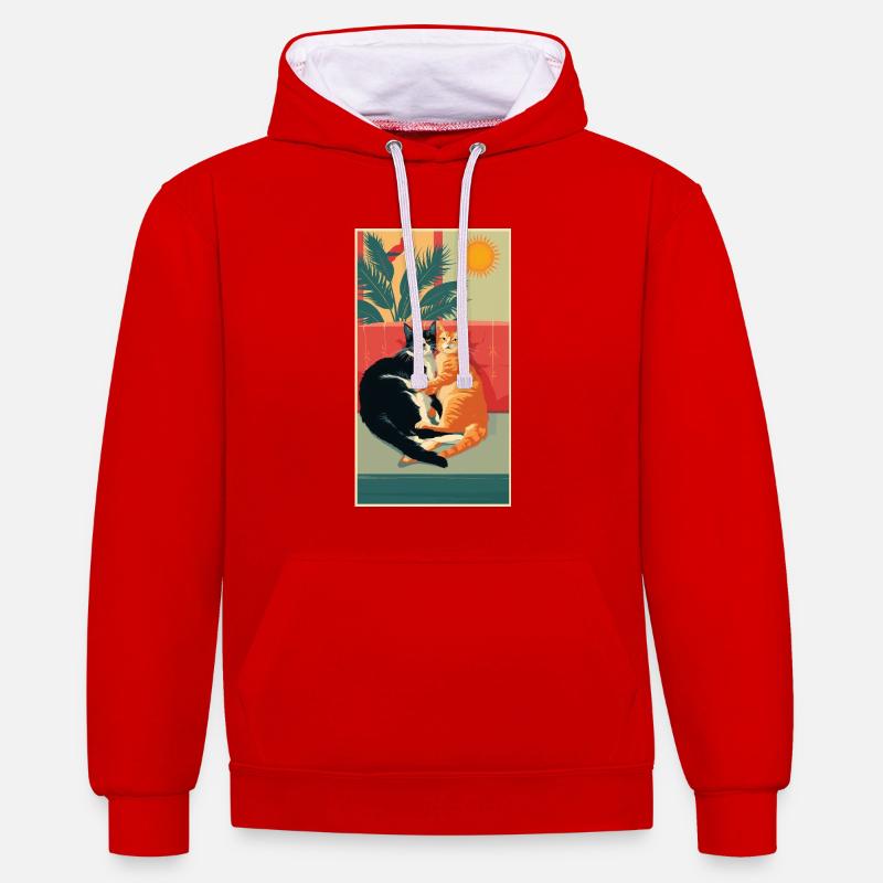 Deux chats dans un moment rétro - Sweat à capuche contrasté - rouge/blanc