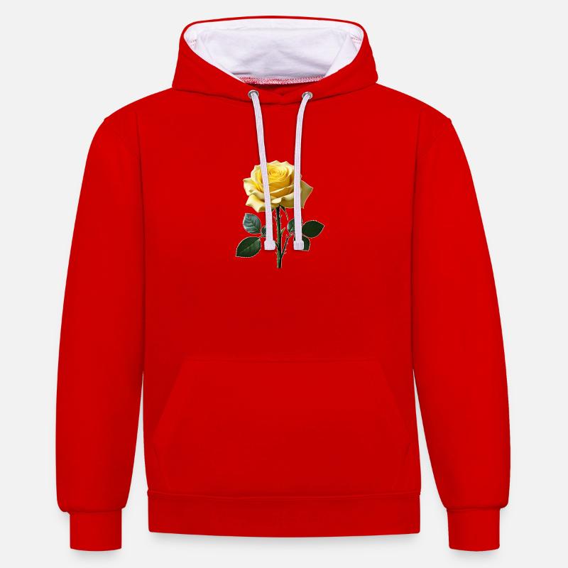 Rose jaune sur feuilles vertes - Sweat à capuche contrasté - rouge/blanc