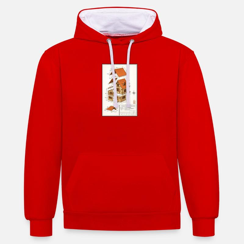 Maison colombages Alsacienne plan architecte  - Sweat à capuche contrasté - rouge/blanc