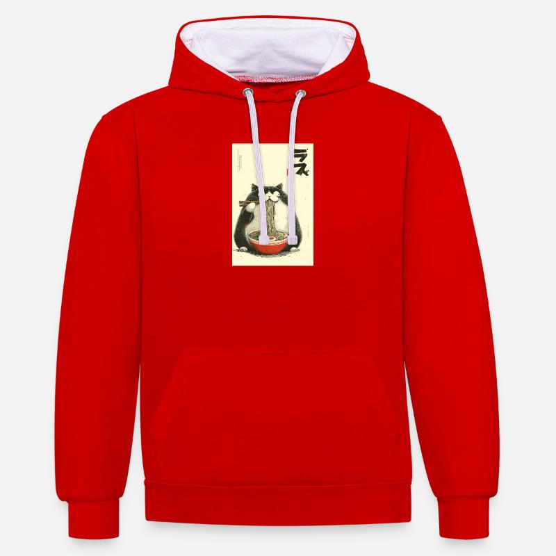 Ramen de chat nouilleur - Sweat à capuche contrasté - rouge/blanc