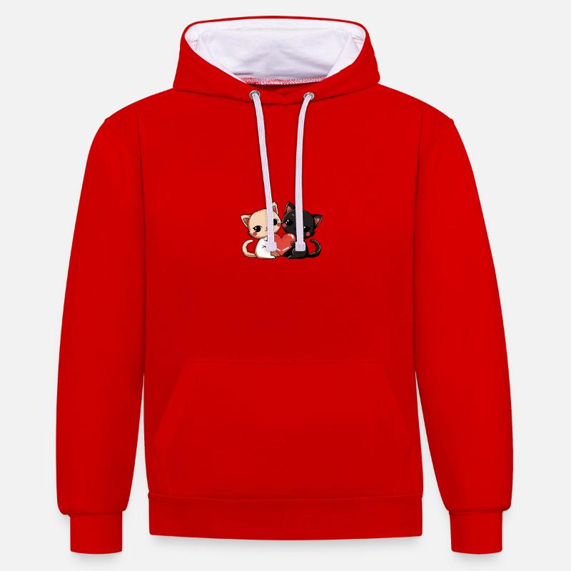 Chat Couple Saint-Valentin - Sweat à capuche contrasté - rouge/blanc