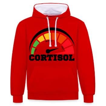 Lustiges, niedriges Cortisol, urkomisches, stressfreies Cortisol - Kontrast-Hoodie - Rot/Weiß - Vorne - Liana (172cm) & Jaron (178cm)