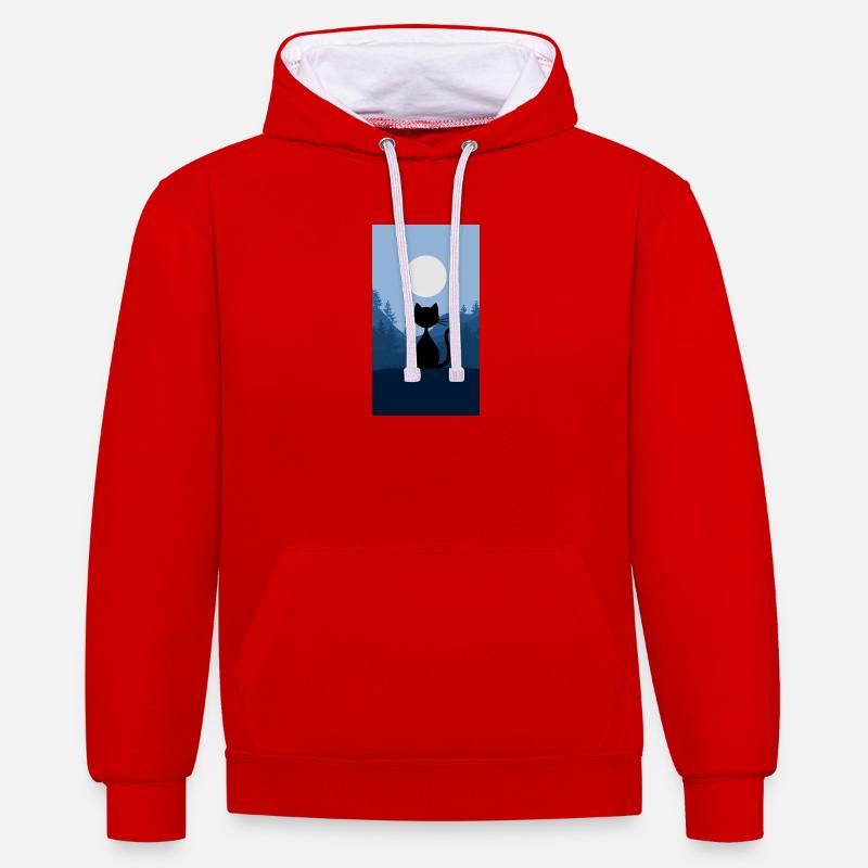 Chat au clair de lune - Sweat à capuche contrasté - rouge/blanc