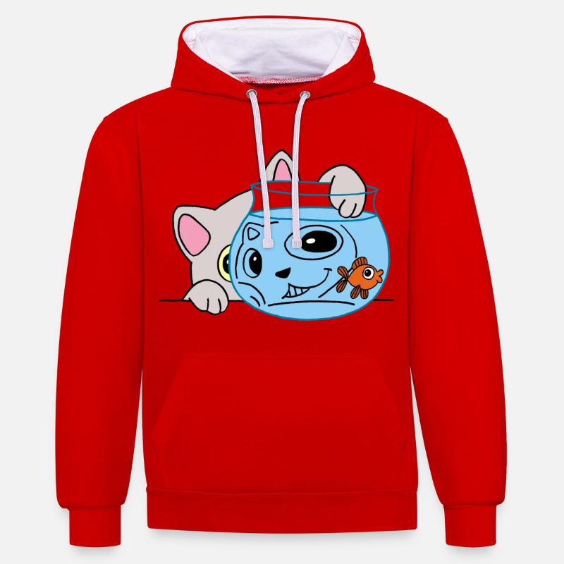 Le chaton pêcheur - Sweat à capuche contrasté - rouge/blanc