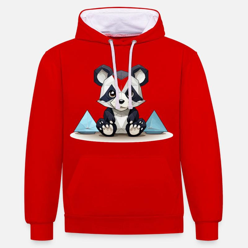 Low-Poly Panda am Eisgebirge - Kontrast-Hoodie - Rot/Weiß