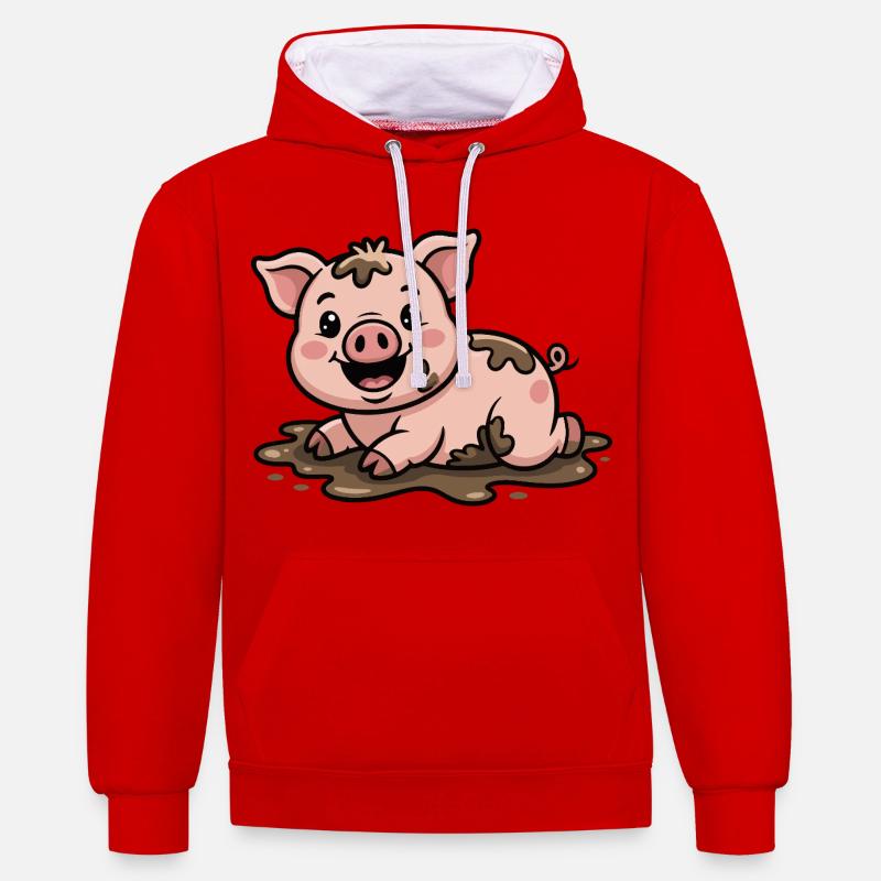 Cochon dans la boue mignon - Sweat à capuche contrasté - rouge/blanc