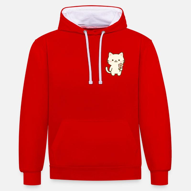 Chat mignon avec fleur - Sweat à capuche contrasté - rouge/blanc