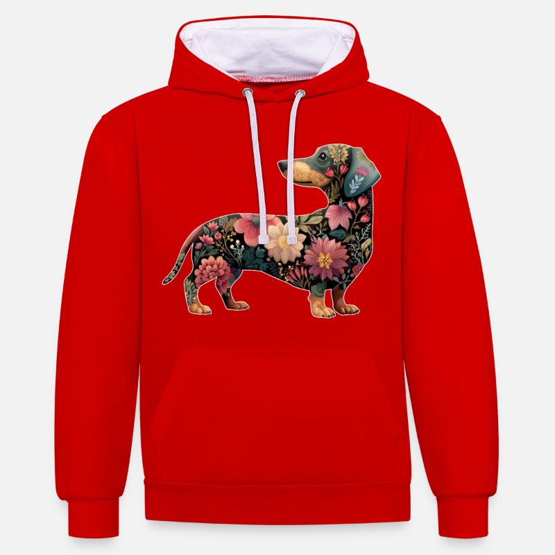 Teckel Teckel Fleurs Florales - Sweat à capuche contrasté - rouge/blanc
