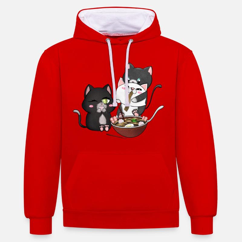 chats mangeant des ramen - Sweat à capuche contrasté - rouge/blanc