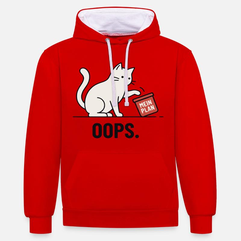 Mon plan... Oups – Chat drôle - Sweat à capuche contrasté - rouge/blanc