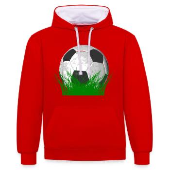 Fußball im Gras - Kontrast-Hoodie - Rot/Weiß - Vorne - Liana (172cm) & Jaron (178cm)