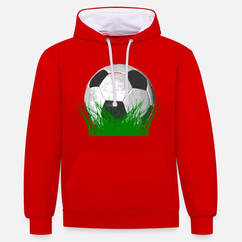 Ballon de soccer dans l'herbe - Sweat à capuche contrasté - rouge/blanc