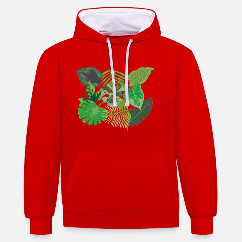 Feuilles de style jungle vert tropical - Sweat à capuche contrasté - rouge/blanc