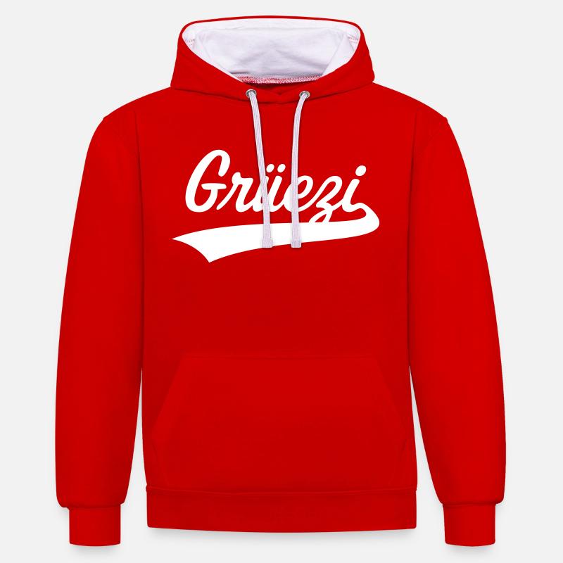 Lettrage Grüezi (Suisse / Schwizerdütsch) - Sweat à capuche contrasté - rouge/blanc