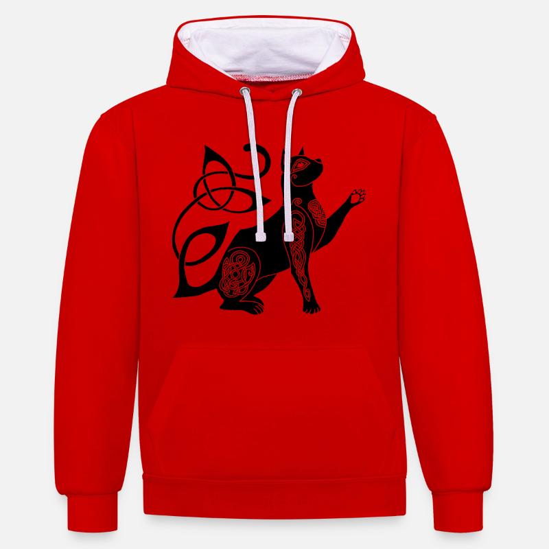 Chat noir celte - Sweat à capuche contrasté - rouge/blanc