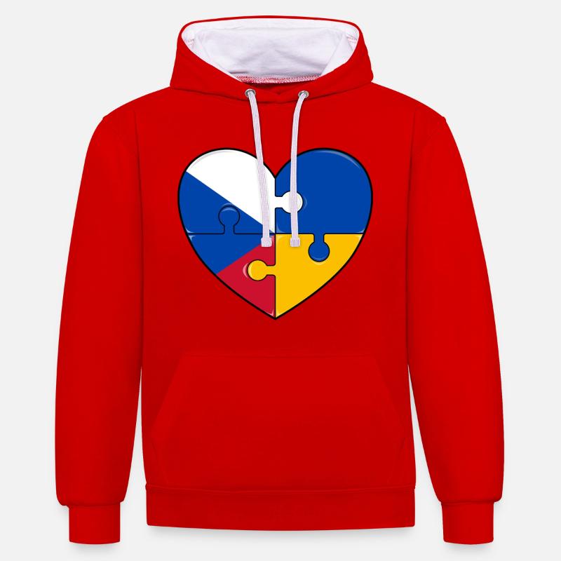 République tchèque Ukraine drapeau puzzle coeur - Sweat à capuche contrasté - rouge/blanc