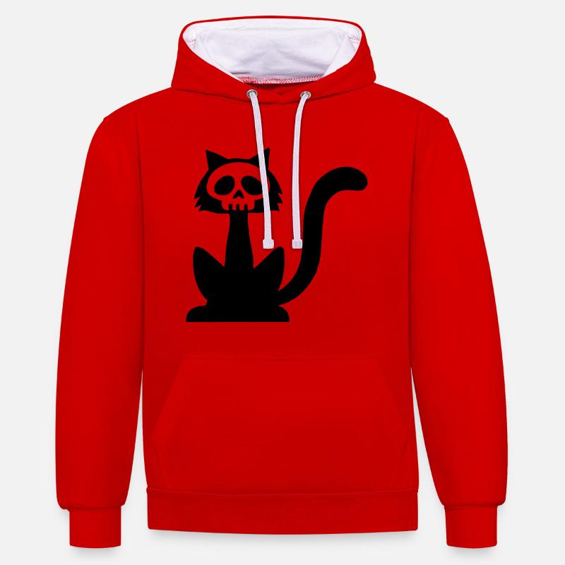Crâne de chat noir - Sweat à capuche contrasté - rouge/blanc