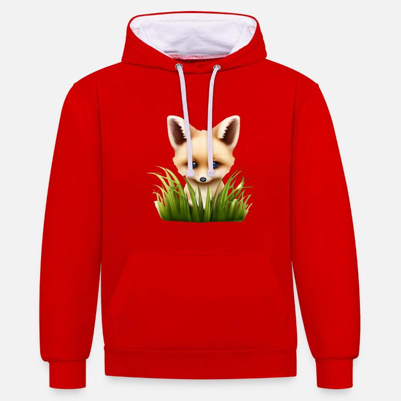 Petit renard caché dans l’herbe - Sweat à capuche contrasté - rouge/blanc