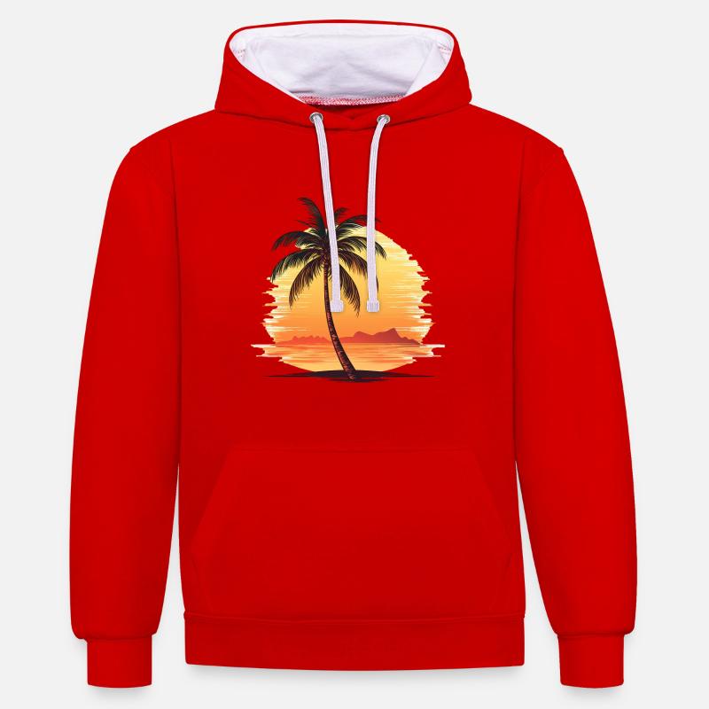 Beau palmier sur la plage avec coucher de soleil - Sweat à capuche contrasté - rouge/blanc