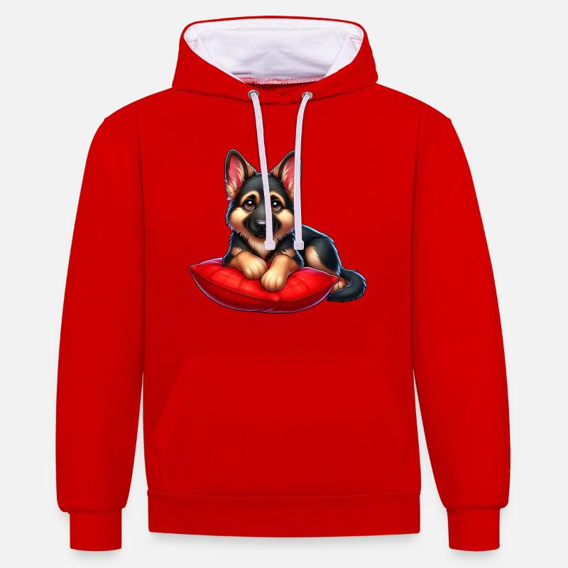 Chiot berger allemand - Sweat à capuche contrasté - rouge/blanc