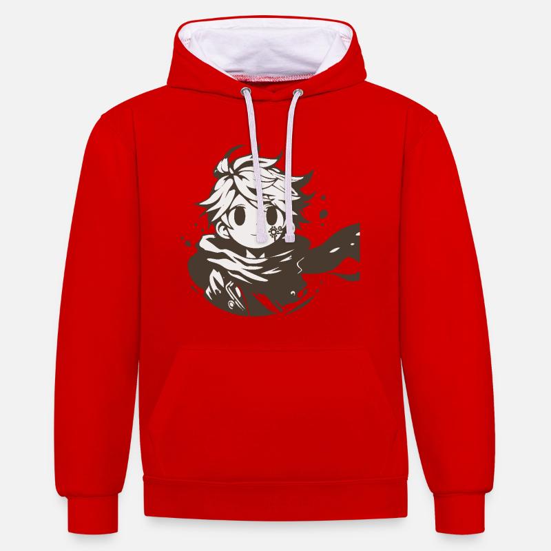 MangaPersonnage avec écharpe marron - Sweat à capuche contrasté - rouge/blanc