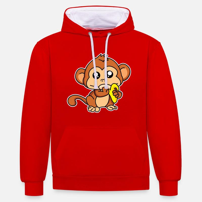 Singe repas - design - Sweat à capuche contrasté - rouge/blanc