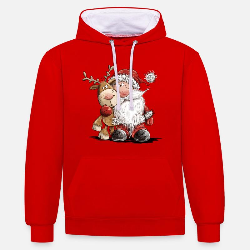 Buffo Babbo Natale e le sue renne - Felpa con cappuccio in contrasto cromatico - rosso/bianco