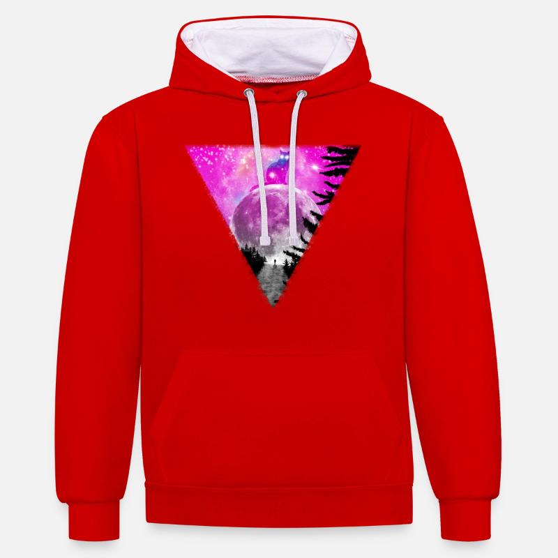 Chat géant sur la lune. - Sweat à capuche contrasté - rouge/blanc