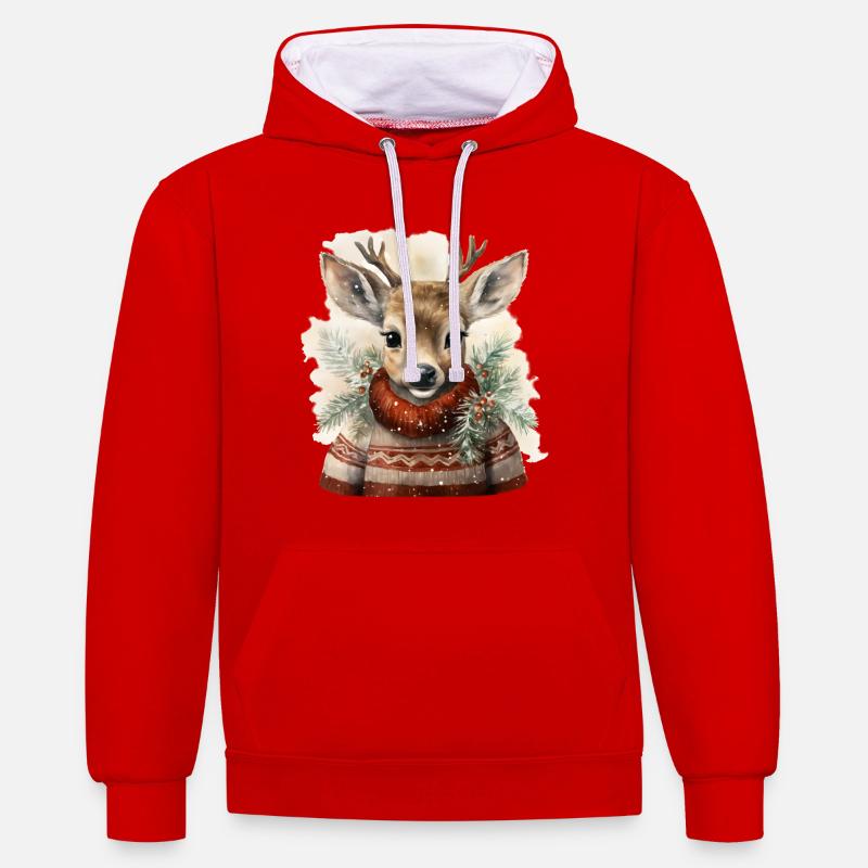 Hirsch im Winterpullover - Kontrast-Hoodie - Rot/Weiß