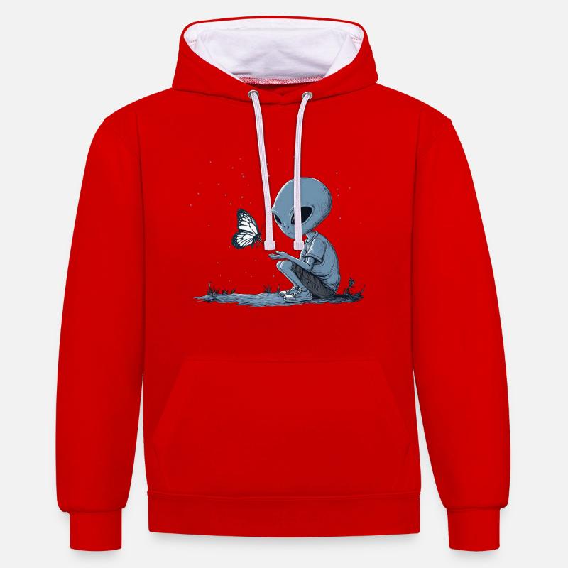 Un extraterrestre et un papillon mignons - Sweat à capuche contrasté - rouge/blanc