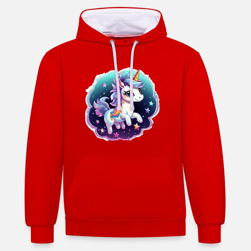 Kosmisches Einhorn mit Schal - Kontrast-Hoodie - Rot/Weiß